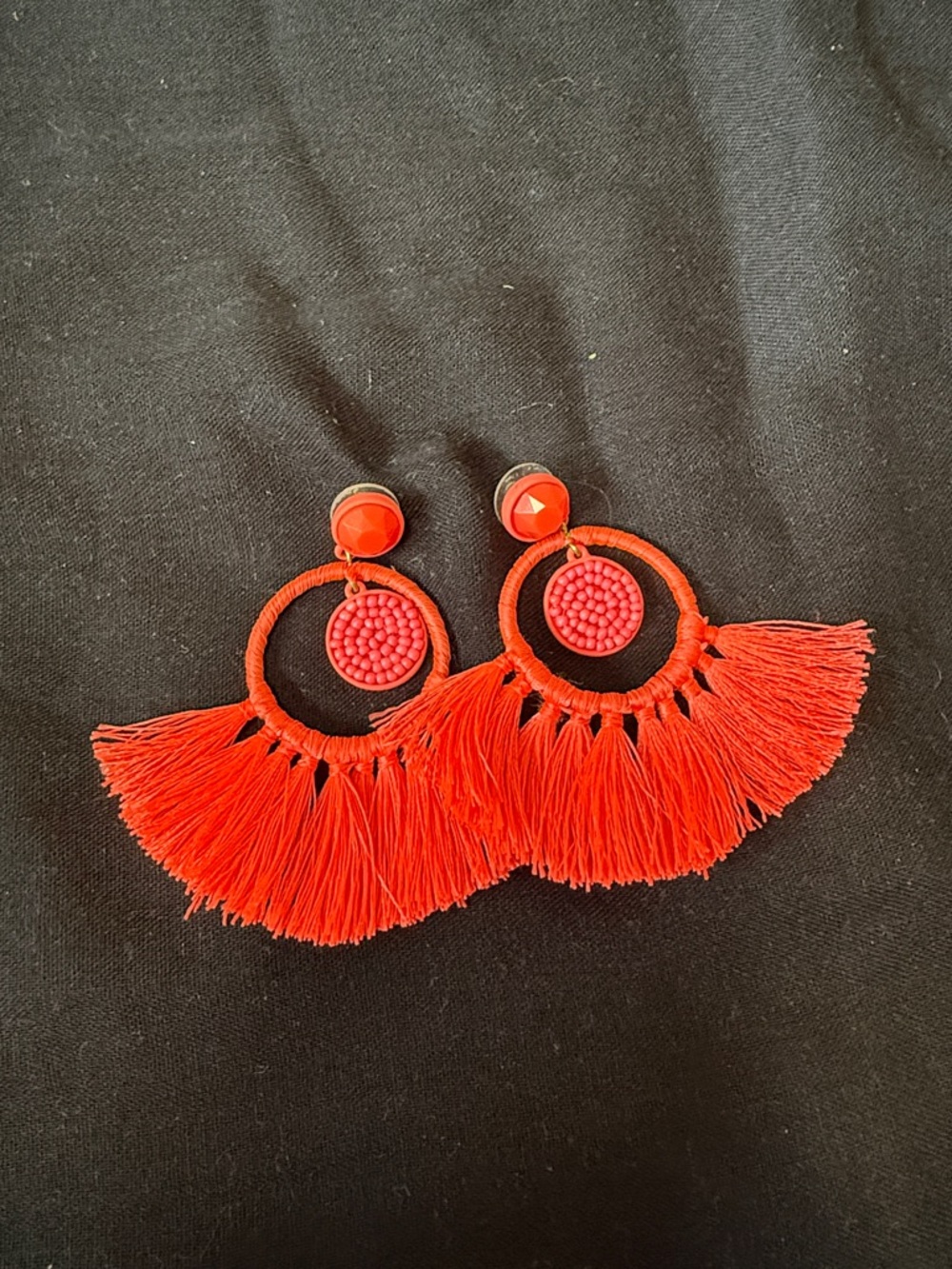 Bright Coral Fringe Hoop Statement Earrings - Women's Jewelry
